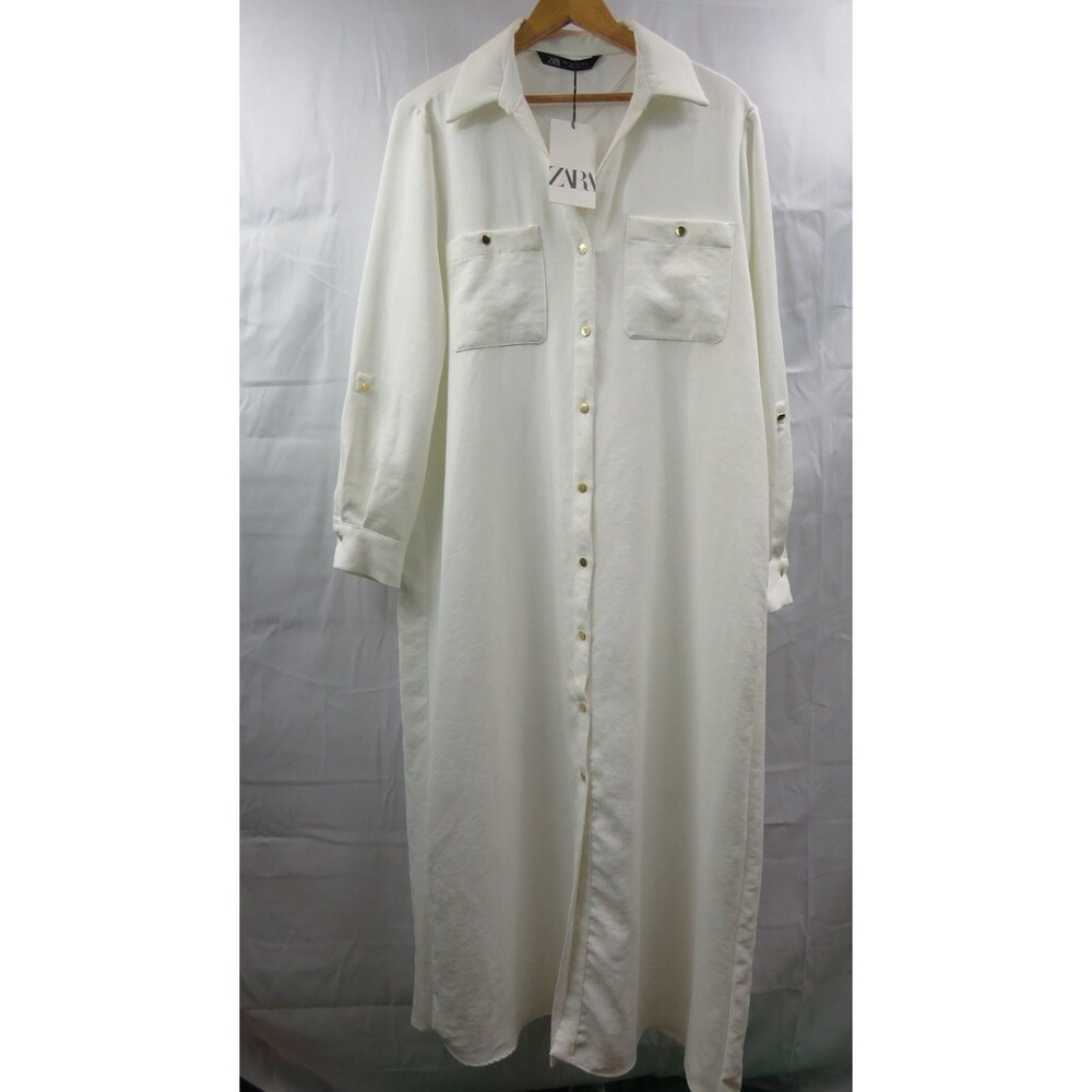 Zara Women's White Button Up Long Sleeve Shirt Dress NWT Size Large